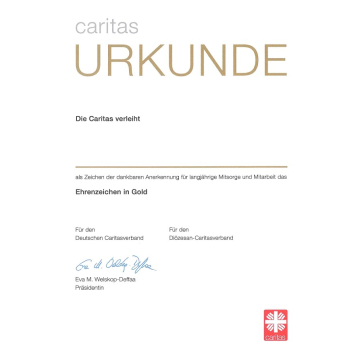 Urkunde zum Ehrenzeichen in Gold mit Eindruck "Für den Diözesan-Caritasverband"