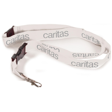 Schlüsselband in weiß mit grauem Aufdruck „caritas“